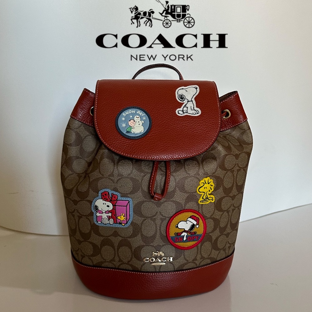 COACH PEANUTS DEMPSEY Drawstring Backpack Signature Canvas Patch CE853 Snoopy!